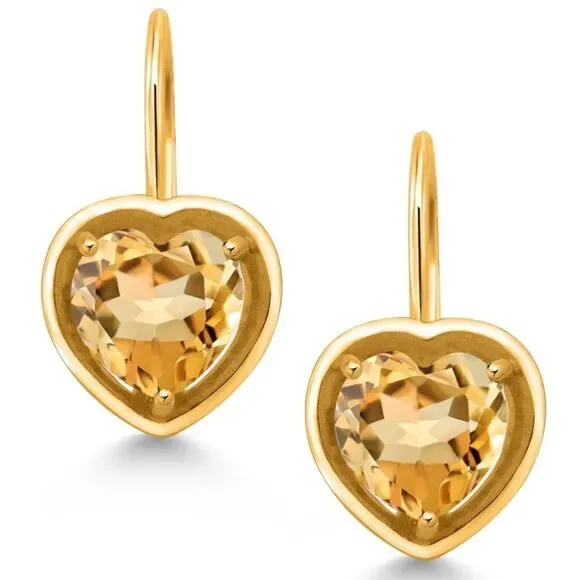18K Yellow Gold 925 2.00 Cttw 7MM Yellow Citrine Heart Leverback Drop Earrings